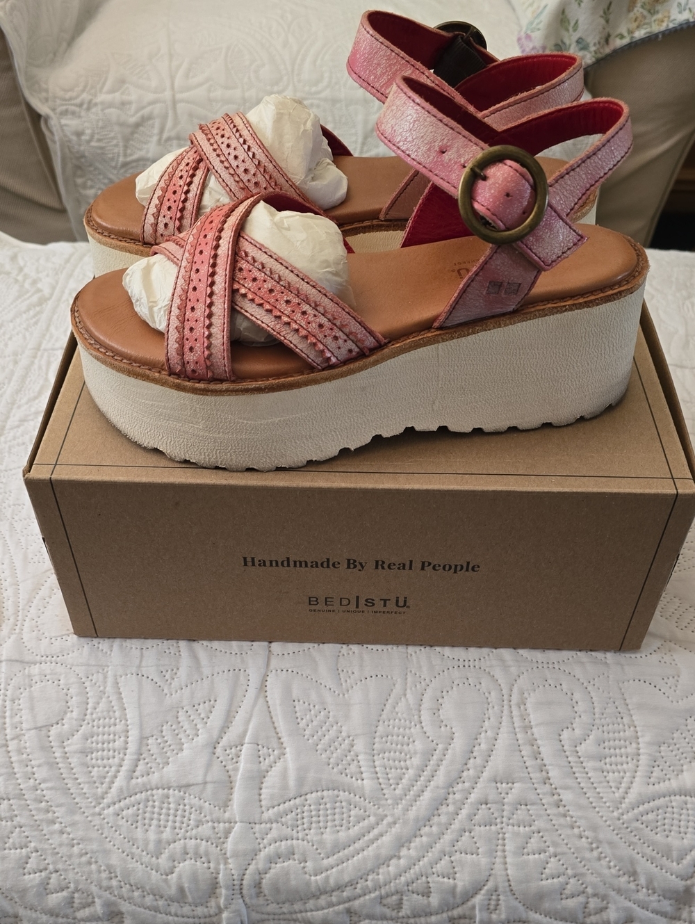 BED|STU Lift Pink Leather Platform Sandals with Ankle Buckle